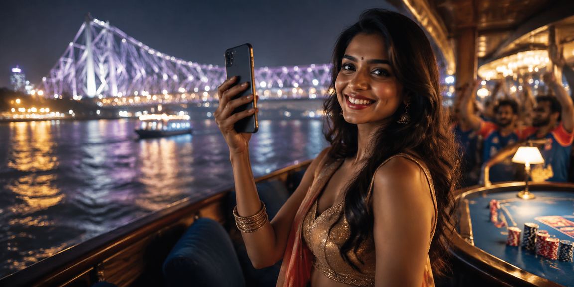 Mobile player enjoying Andar Bahar game on smartphone in Kolkata night market